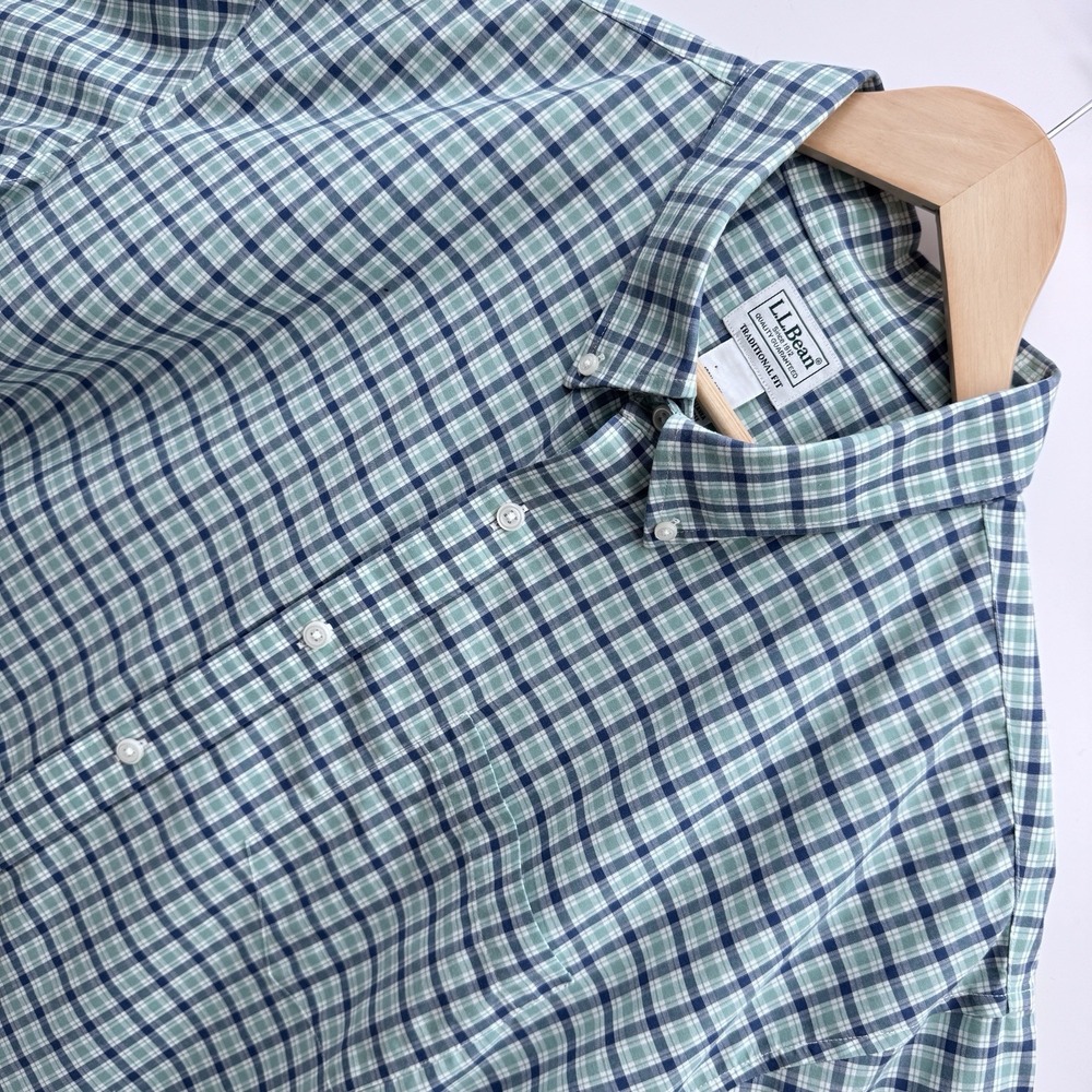 LL Bean Shirt Mens XXL Tall Green Blue Plaid Short Sleeve Button Up Cotton